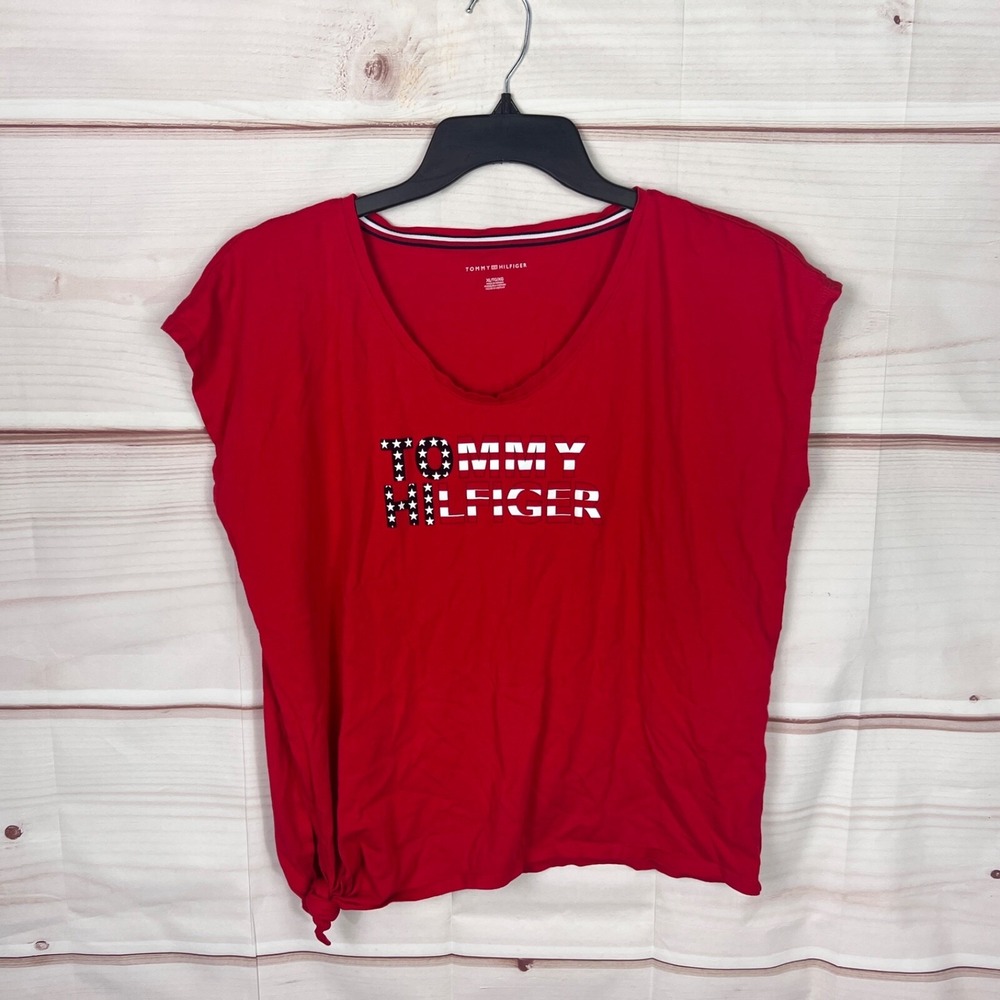 Tommy Hilfiger Top Womens XL Red Spellout T-Shirt Graphic V-Neck Tie Waist Knit